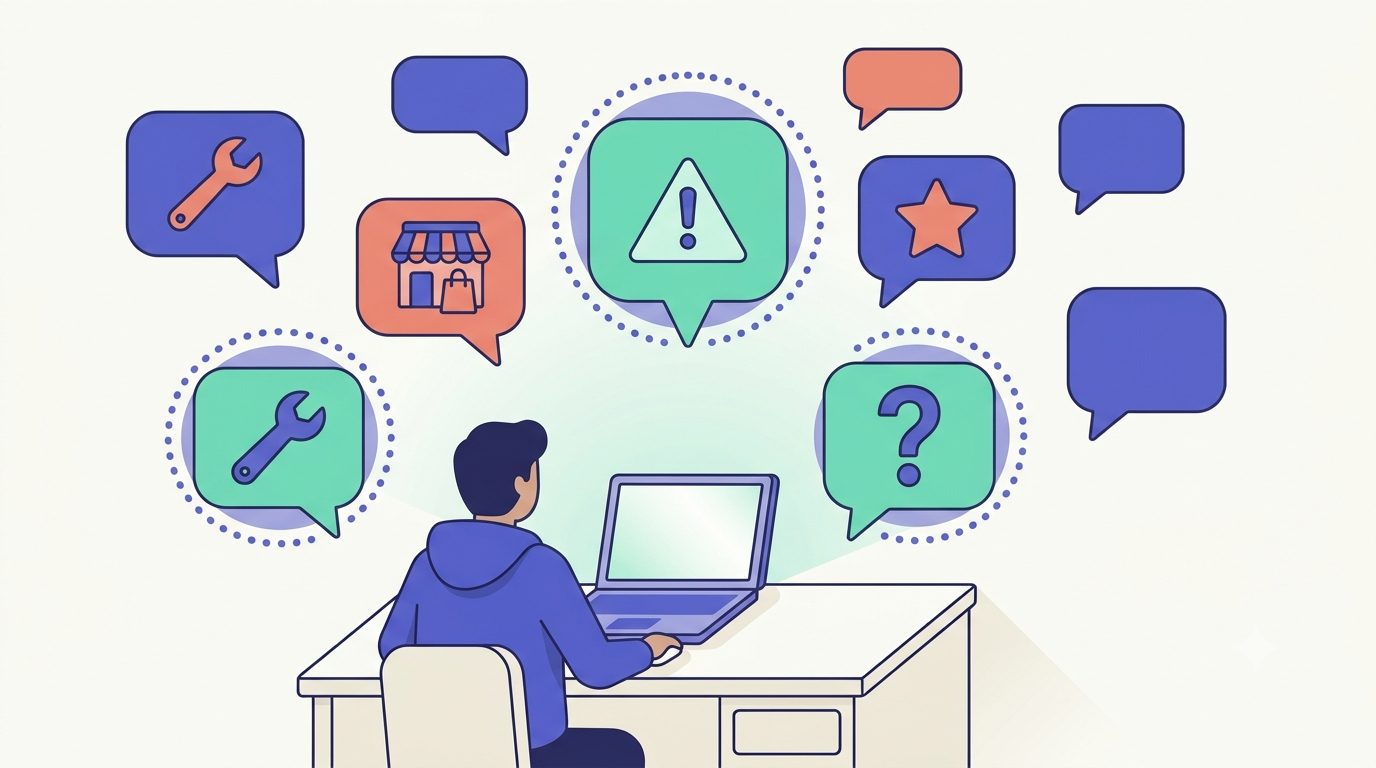Shopify merchant problems sourced from forums and reviews before choosing an app idea.