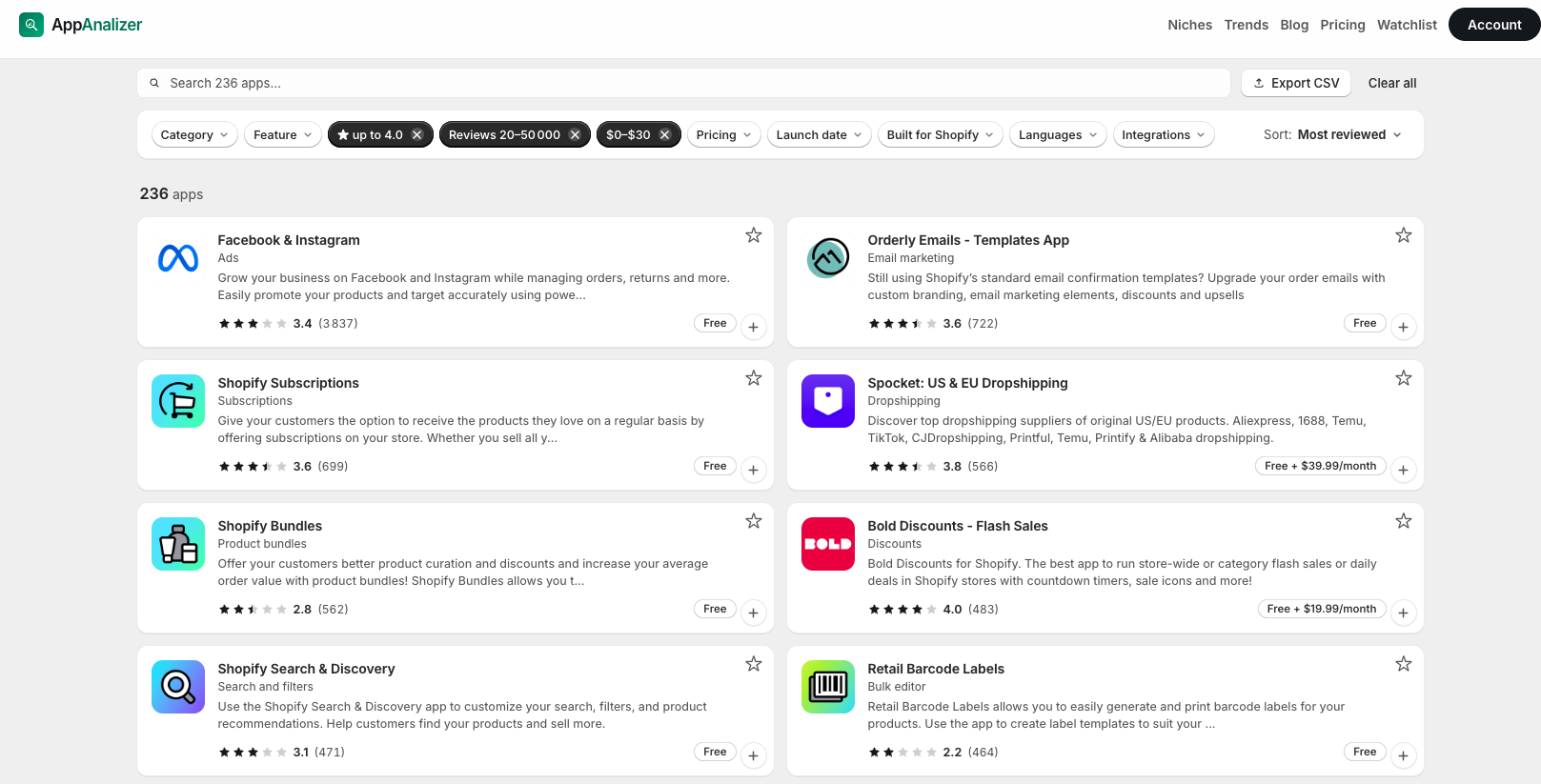 AppAnalizer app list showing each app's Shopify category, rating and review count to map a problem to a category.