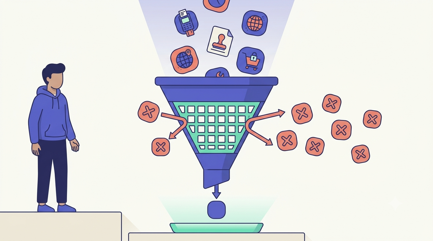 Funnel rejecting structurally hard Shopify app categories, one viable idea passing through.