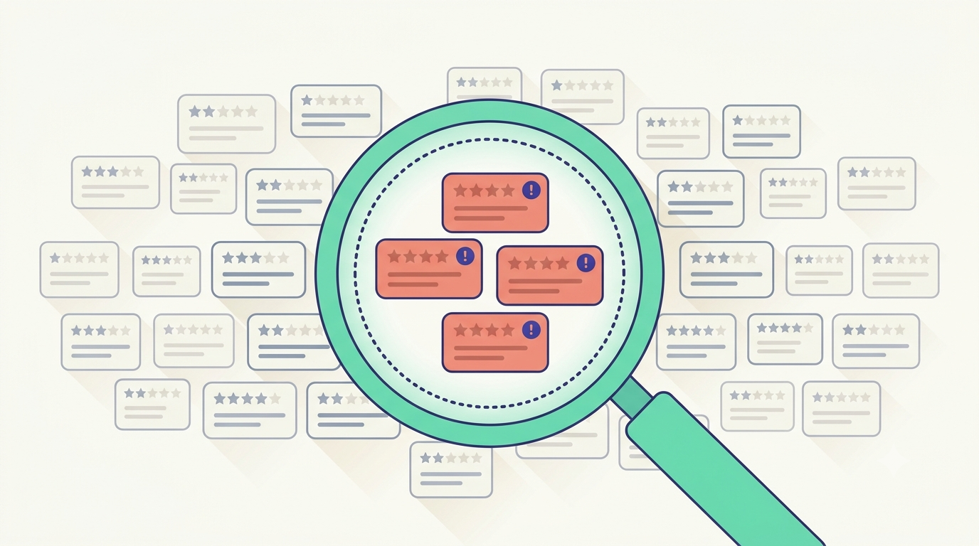 Magnifying glass over Shopify app reviews highlighting a recurring one-star complaint pattern.